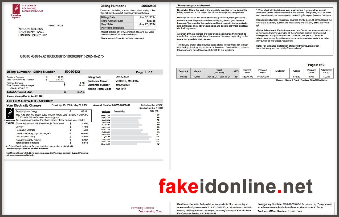 Canada Ontario Utility Bill Proof of Address PSD Template